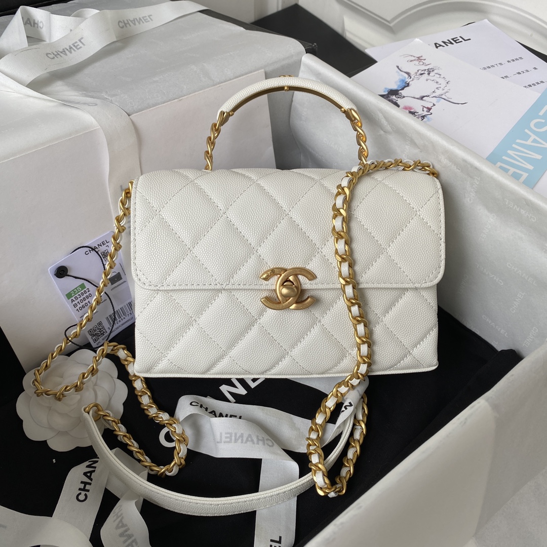 Top Handle Mini Grained Calfskin Flap Chain Handbag Shoulder Bag AS3982 White